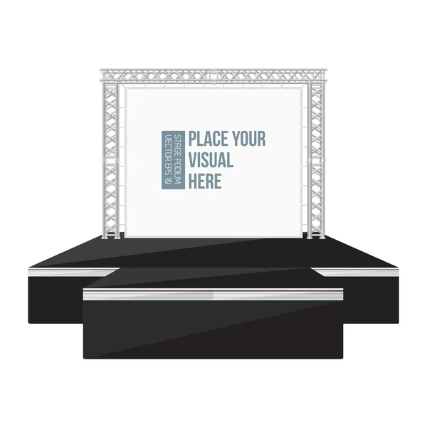 Escenario de alto podio de estilo plano de color negro con pancarta en metal tr — Vector de stock