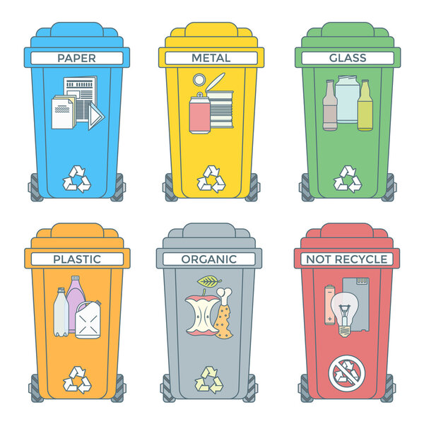 цветные очертания, отделенные иконки мусорных баков
