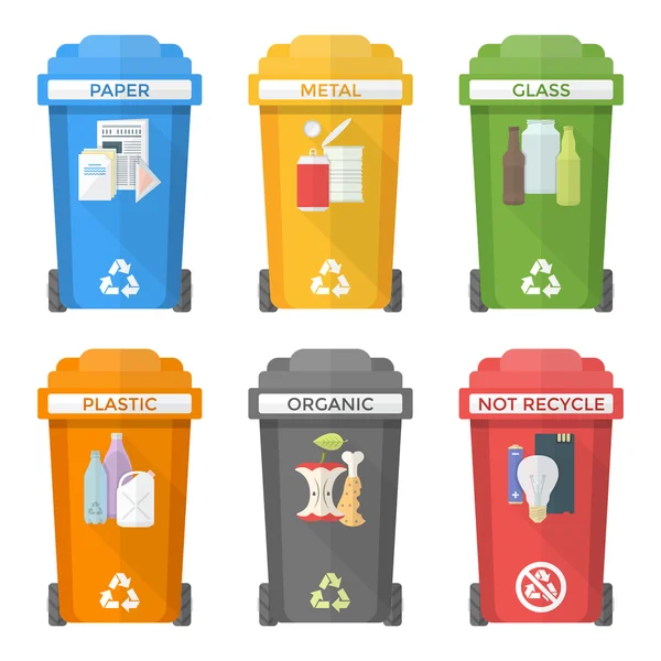 Estilo plano colorido caixotes de lixo separados etiquetas de ícones — Vetor de Stock