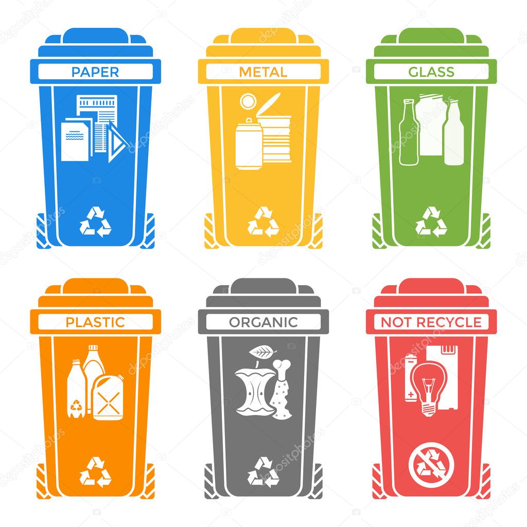 various colors separated garbage bins solid icons labels