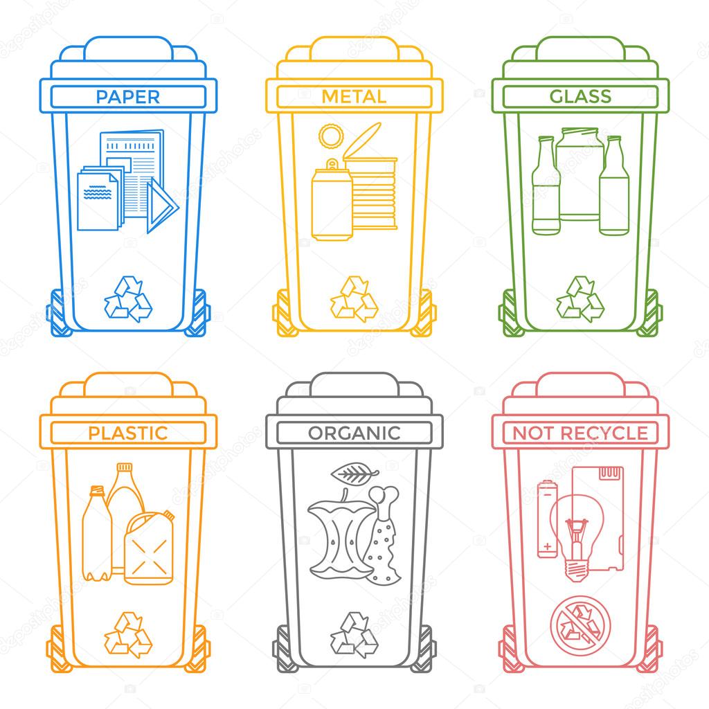 various colors outline separated garbage bins icons labels