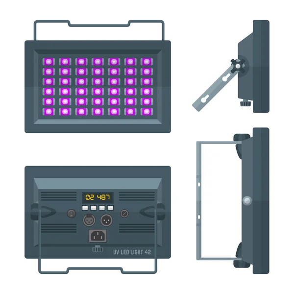 Projetor de palco profissional ultravioleta LED colorido illust plana — Vetor de Stock