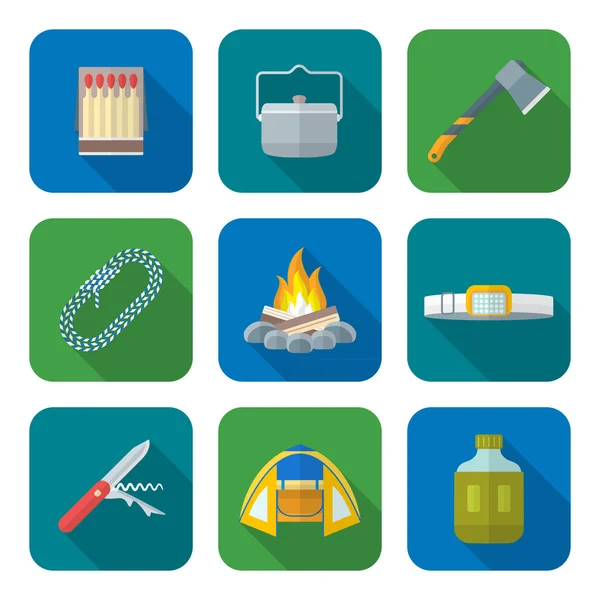Flat style colored various camping icons collectio — Stock Illustration Flat style colored various camping icons collectio Royalty Free Stock Vectors