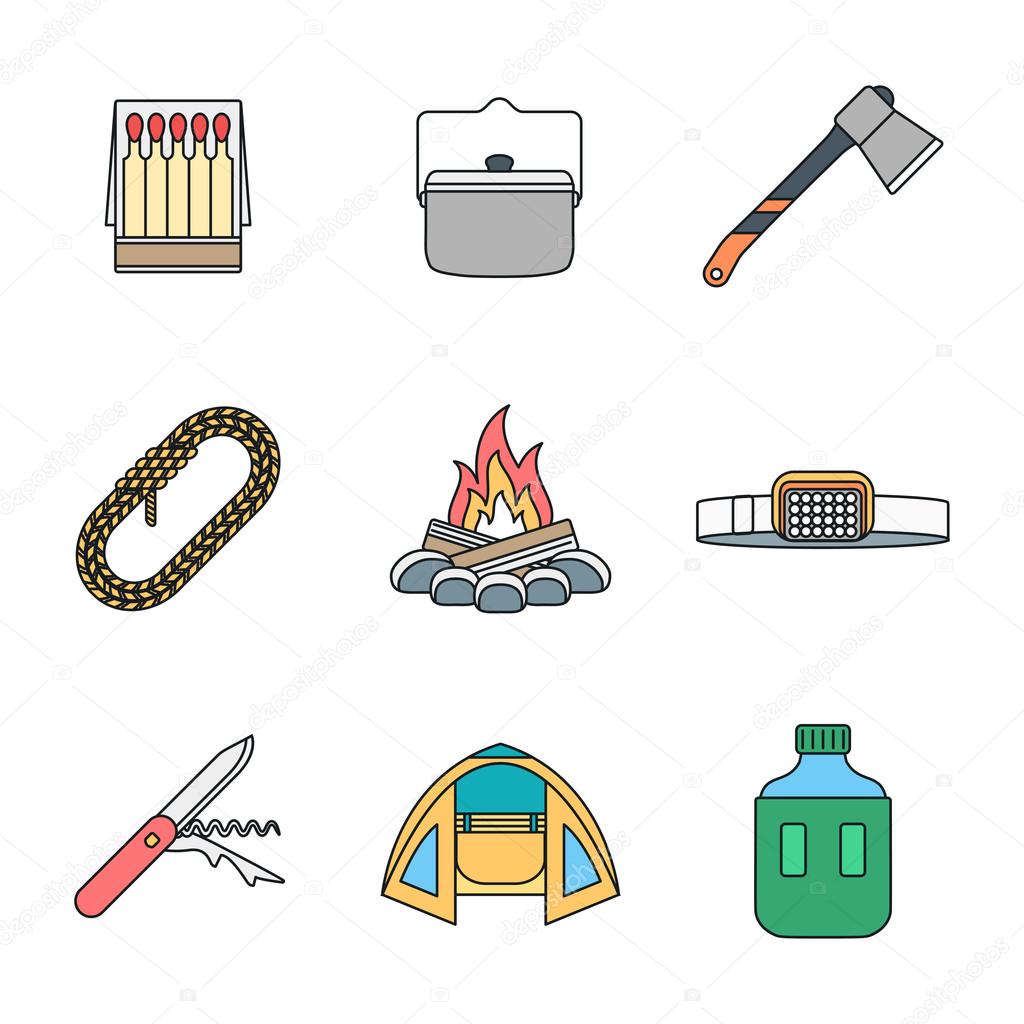 colored outline various camping icons collectio
