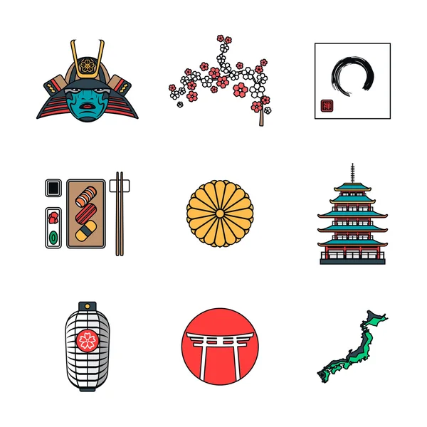 Contorno de colores varios iconos japoneses se — Vector de stock