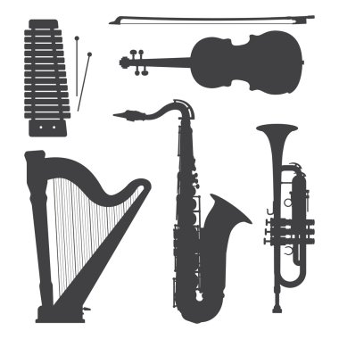 tek renkli müzik aletleri siluetleri illüstrasyon koleksiyonu