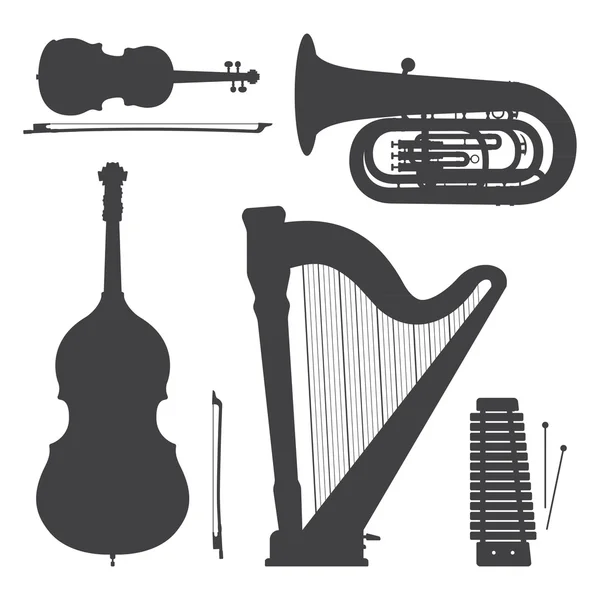 Fekete-fehér zenei eszközök sziluettek illusztráció gyűjtemény — Stock Vector