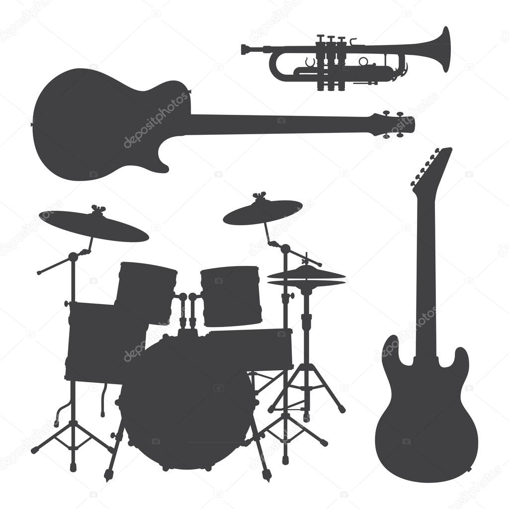monochrome music instruments silhouettes illustration collection