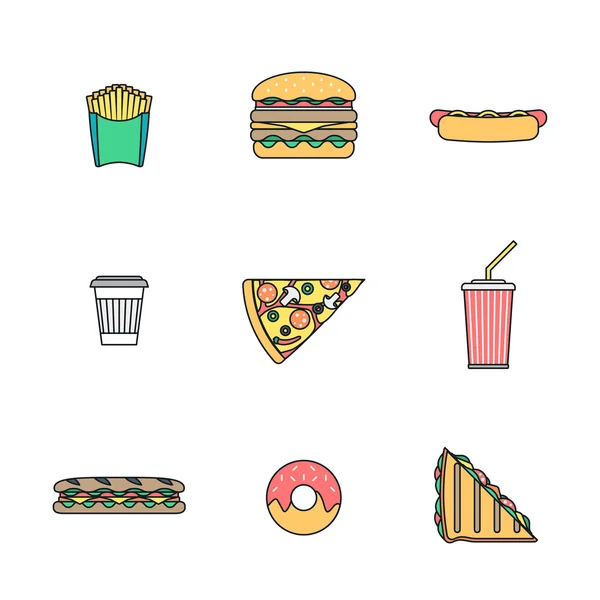 Contorno de color varios iconos de comida rápida collectio — Vector de stock