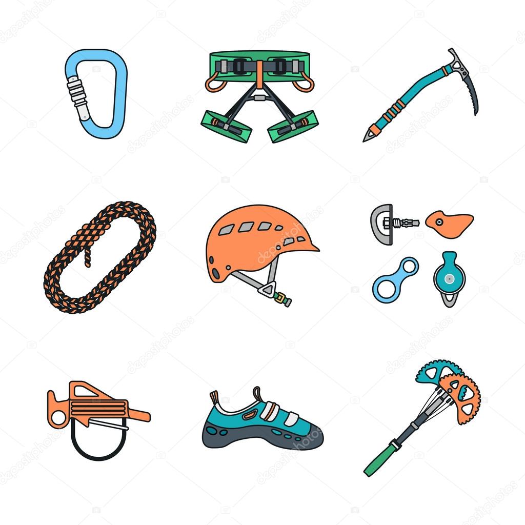 colored outline various alpinism tools icons collectio