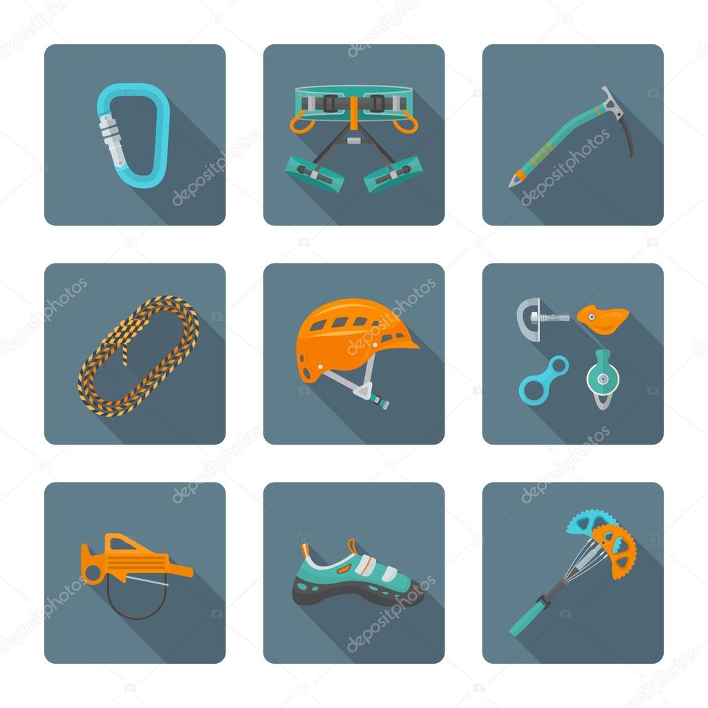 flat style colored various alpinism tools icons collectio