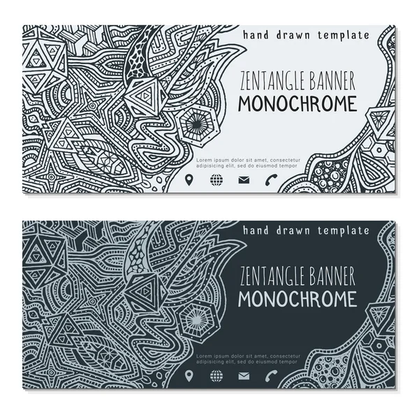 Monochrome hand drawn zentangle banner icons template — Stock Vector