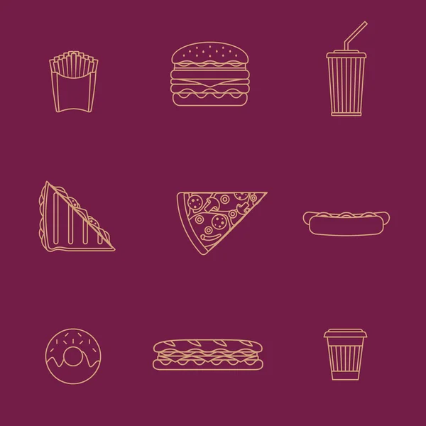 Goud overzicht van verschillende fastfood pictogrammen collectio — Stockvector