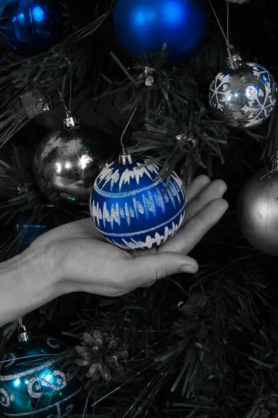 Women Hands Holding Blue Christmas Tree Toy Black White Photo — Stock Photo, Image