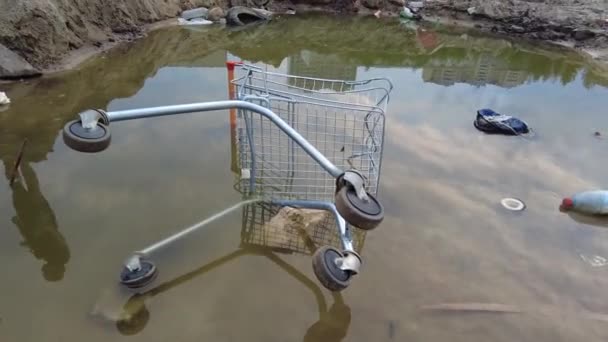 Supermarket Cart Lying Puddle Rain Surrounded Pile Garbage Ecology Nature — Stock Video