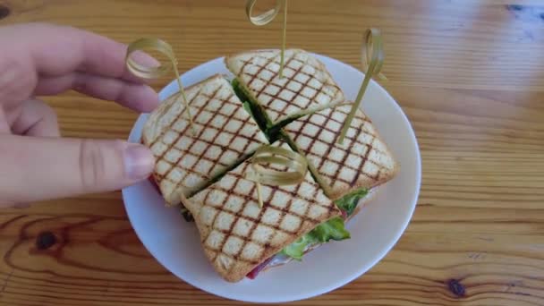 夹着鸡肉和香草的三明治 放在面团里 里面有生菜 西红柿 辣椒和鸡胸肉 新鲜的午餐 好吃的食物 三明治快餐午餐 — 图库视频影像