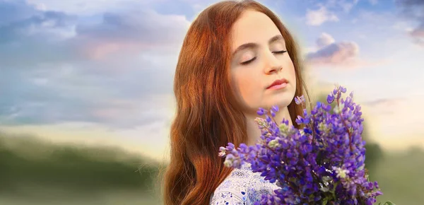 Banner with a young girl . Enjoying nature and the scent of flowers. Stunning sky and sunset background. Relax. Copy space on the left