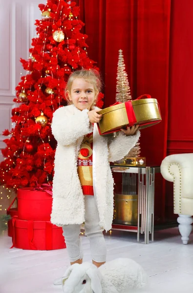 Ein Nettes Kaukasisches Mädchen Hält Eine Schachtel Ihren Händen Weihnachten — Stockfoto