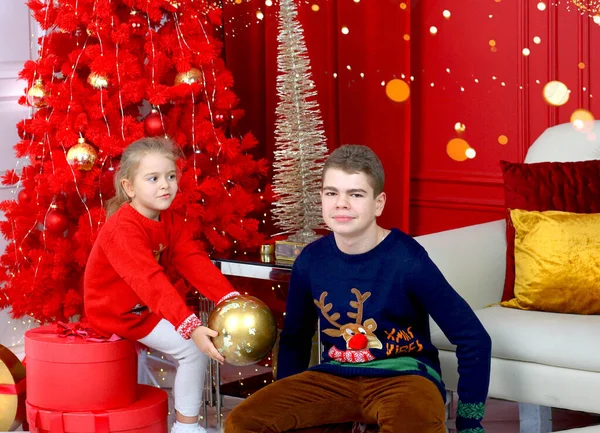 Banner Met Gelukkige Kinderen Meisje Tiener Broer Zus Glimlachend Kerst — Stockfoto