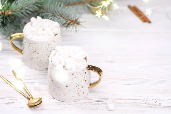 White Cup Cappuccino Cocoa Christmas Tree Buckground Gold Bokeh New — Stock Photo, Image