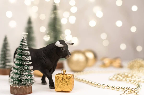 Dekorativní Býk Symbol Nového Roku Pozadí Vánočních Stromků Zlatého Bokhu — Stock fotografie