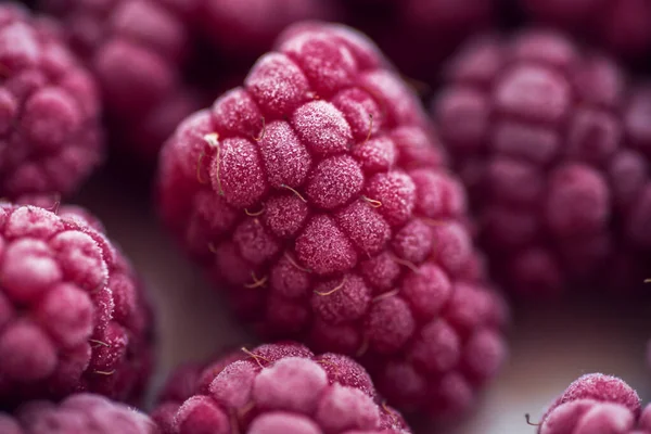 Mogna frysta hallon närbild makro fotografi, selektivt fokus, frukt bakgrund — Stockfoto