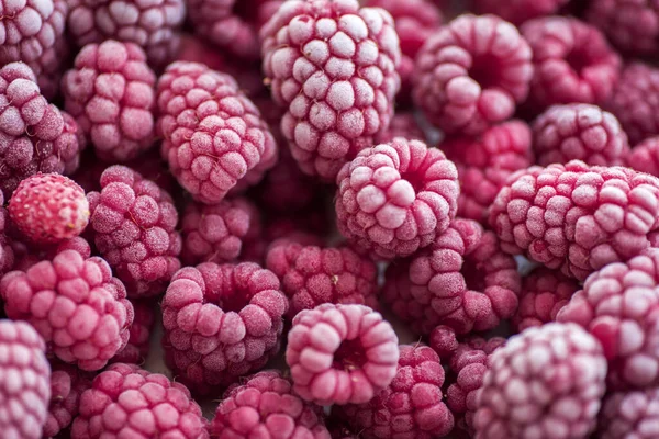 Mogna frysta hallon närbild makro fotografi, selektivt fokus, frukt bakgrund — Stockfoto