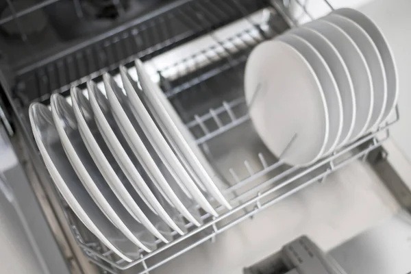 White Flat Plates Large Small Loaded Dishwasher — Stock Photo, Image