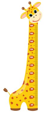 Şirin zürafa. Uzun boyunlu neşeli komik zürafa. Zürafa metre duvarı, boy çizelgesi ya da duvar çıkartması. Beyaz arkaplanda ölçekli illüstrasyon.