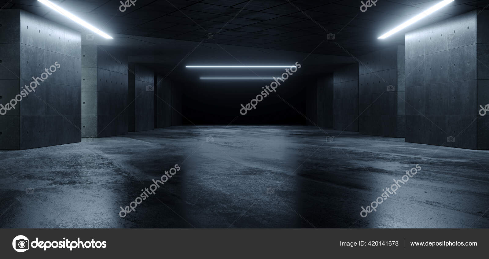 Dark space, bright future Modern sci fi room in 3D, an empty