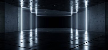 Neon Işıldayan Lazer Elektrikli Sütunlar Yeraltı Bilim Kurgu Beton Çimento Arka plan Karanlık Yansıtıcı Gösteri Odası Beyaz Işıklar Modern Zarif 3D Görüntü