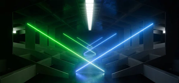Green Blue Neon Laser Beams Electric Sci Fi Futuristic Glowing Spaceship Alien Cement Concrete GRunge Hangar Tunnel Corridor Dark Showroom background 3D Rendering Illustration