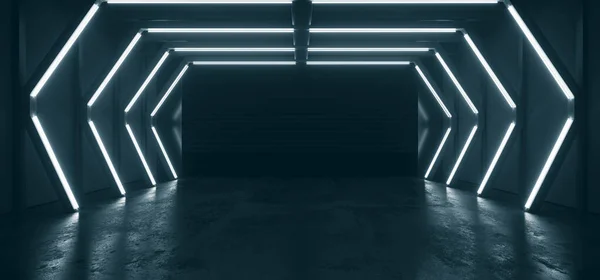 サイバーガレージネオン蛍光ブルーシネマティック成長ライトスタジオ空ショールームトンネルコンクリートフロアエイリアン宇宙船格納庫地下背景3Dレンダリングイラスト — ストック写真