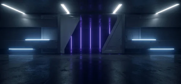 Sci Neon Glowing Blue Cinematic Showroom Spaceship Futuristic Metal Gate — стокове фото