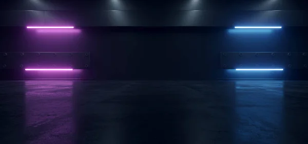 Dunkle Garage Hangar Lagerhaus Neon Lila Blau Leuchtend Vibrierend Virtuelle — Stockfoto