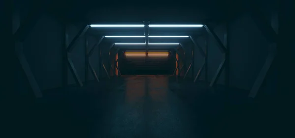 Futuristic Sci Modern Spaceship Tunnel Showroom Corridor Dark Cinematic Blue — Stock Photo, Image