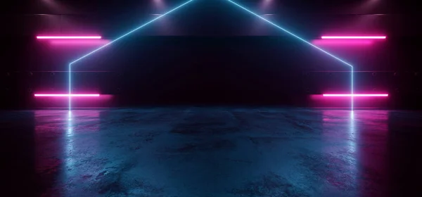 Sci Fi Triangle Blue Purple Electric  Cyber Stage Podium Studio Garage Tunnel Glossy Concrete Cement Floor Empty Space Spaceship Dark Background 3D Rendering Illustration