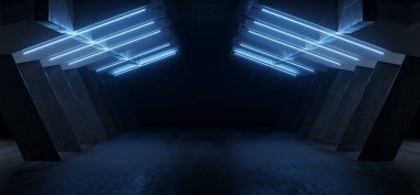Bilim Kurgu Geleceği Neon Parıltısı Mavi Tünel Garaj Çimento Asfalt Beton Yeraltı Sanayi Sanayi Mağazası Depo Uzay Gemisi 3D Resim
