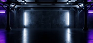 Neon Mor Menekşe Endüstriyel Gerçekçi Bilim Kurgu Fütüristik Modern Hangar Otomobil Otoparkı Yeraltı Deposu Koridor Çelik Beton Çelik Çimento Resimlendirme