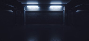 Karanlık Endüstriyel Garaj Çelik Çelik Yeraltı Deposu Beton Duvarı Mavi Borular Gerçekçi Arka plan Koridoru 3D Görüntü