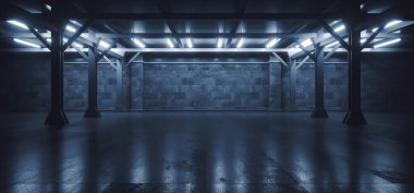 Neon Blue Led Endüstriyel Gerçekçi Bilim Kurgu Fütüristik Modern Hangar Otomobil Otoparkı Yeraltı Deposu Koridor Çelik Çelik Beton Resimler
