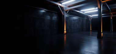 Neon Blue Orange Uzay Gemisi Endüstriyel Gerçekçi Bilim Kurgu Fütüristik Modern Hangar Otomobil Otoparkı Yeraltı Garajı Koridor Çelik Beton Çimento 3D Çizim