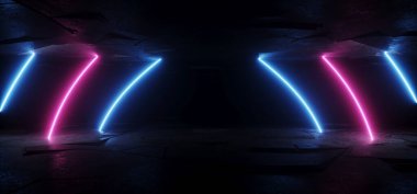 Neon Sci Fi Retro Siber Parlak Mor Yay Çizgileri Koyu Beton Döşeme Pürüzlü Uzay Gemisi Garaj Tüneli Arkaplan 3D