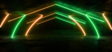 Neon Parlayan Bilim Kurgu Futuristik Yeşil Turuncu Üçgen Platform Sahne Stüdyosu Çimento Stüdyoları Siber Yeraltı Koridoru Arkaplanı 3D Görüntü Görüntüleme