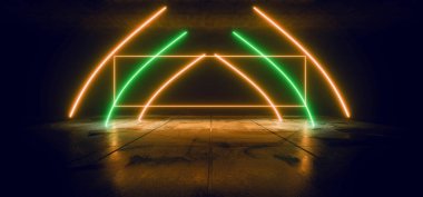 Neon Parlayan Bilim Kurgu Futuristik Yeşil Turuncu Üçgen Platform Sahne Stüdyosu Çimento Stüdyoları Siber Yeraltı Koridoru Arkaplanı 3D Görüntü Görüntüleme