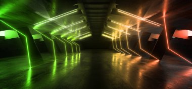 Bilim Kurgu Geleceği Neon Parlak Turuncu Parlak Yeşil Tünel Garaj Çimento Asfalt Beton Yeraltı Sanayi Sanayi Mağazası Depo Uzay Gemisi 3D Çizim