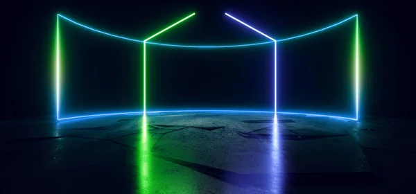 Cyber Futuristic Neon Glowing Garage Hangar Rectangle Frame Blue Green Lights Fluorescent Schematic Texture Sci Fi Spaceship Background 3D Rendering Illustration