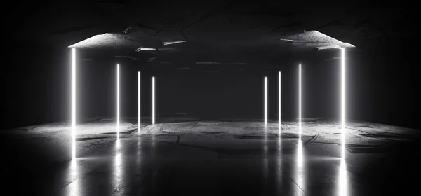 Neon Laser Electric White Glowing Sci Futuristic Garage Hangar Dark — Stok Foto