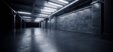 Siber bilim kurgu, gelecekteki Grunge Araba Mağazası Floresan Hangar Deposu Yeraltı Otoparkı Çelik Çelik Beton Çimento Koridoru Endüstri Arkaplan 3D