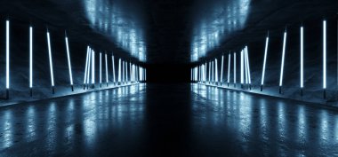 Neon Bilim Kurgu Fonu Fütürist Mavi Flüoresan Mavi Metro Işıkları Parlayan Siber Tünel Koridoru Grunge Parlak Beton Beton Beton Salon Stüdyosu Lazer Gösterici Lazer Karanlık Arkaplan 3D Görüntü